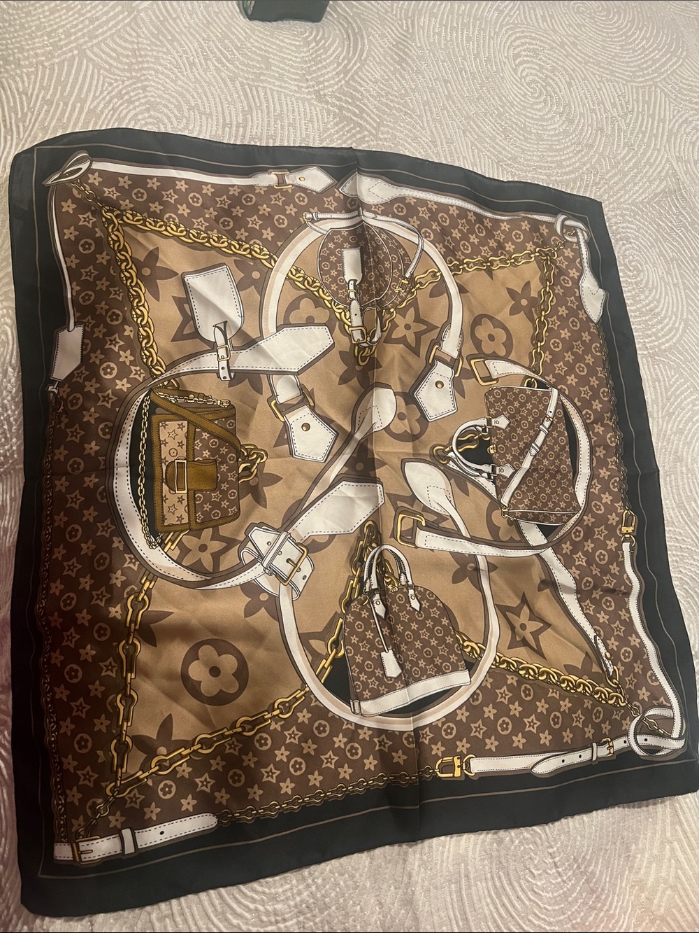 Brown Printed Women's Fashion Scarf with Chain & Bag Motif